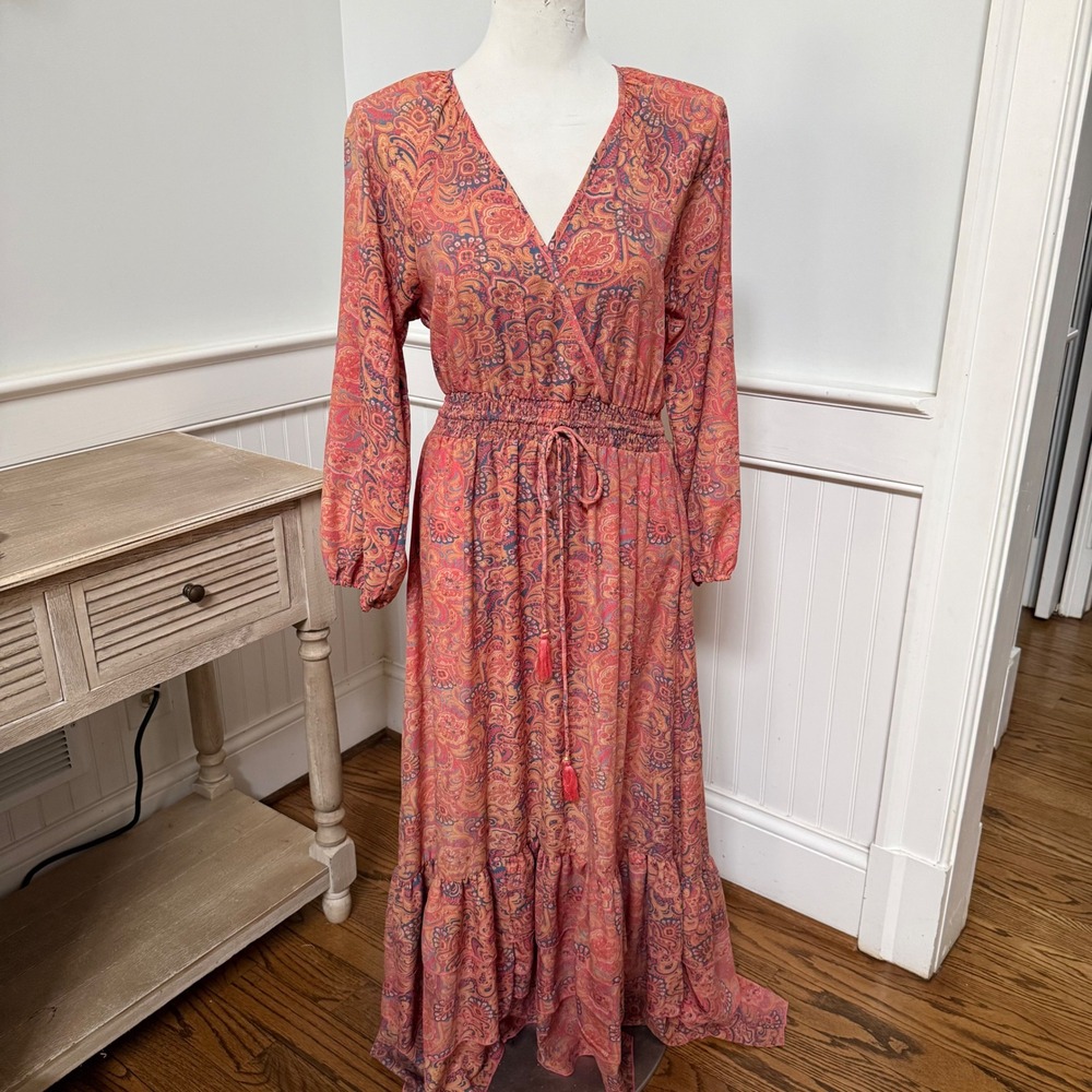 Boems Paisley Print Maxi Wrap‎ Dress Long Sleeve Smocked Boho Whimsical Sz M